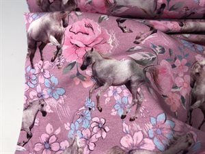 Bomuldsjersey - flotte rosa toner med heste og blomster